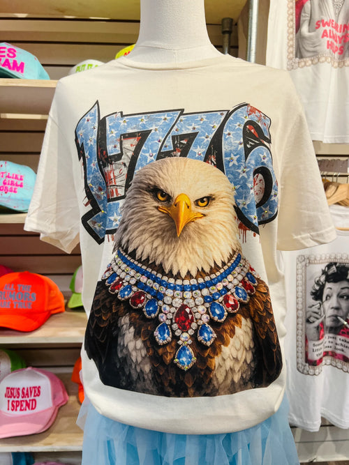 1776 Patriotic Eagle Graphic Tee with Crystal Details