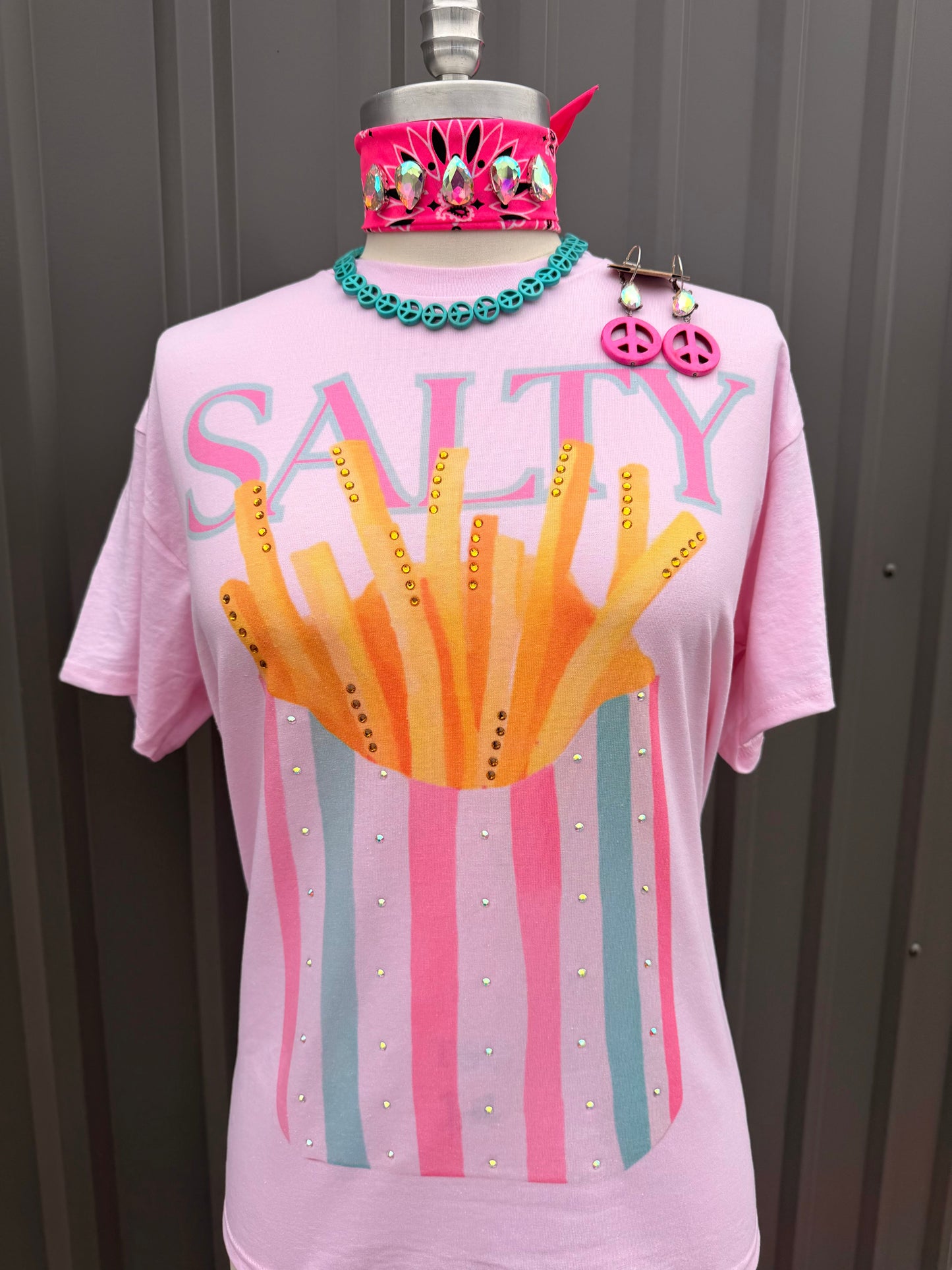 Salty Fries Crystal Graphic Tee | Pink Rhinestone Statement T-Shirt
