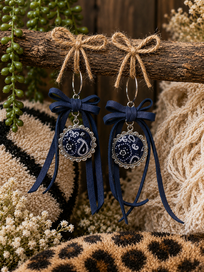 Navy Blue Bandana Bow Earrings | Western Boho Statement Earrings by Sandra Ling Designs