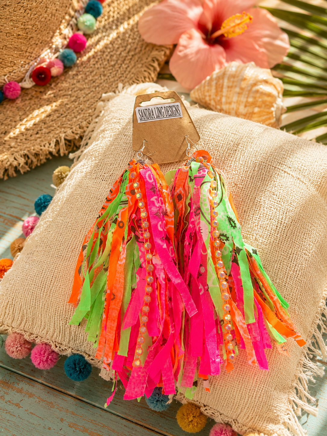 Bandana Fringe Fabric Statement Earrings by Sandra Ling Designs