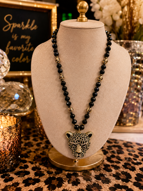 Leopard Head Crystal Necklace | Black Beaded Rhinestone Statement Pendant
