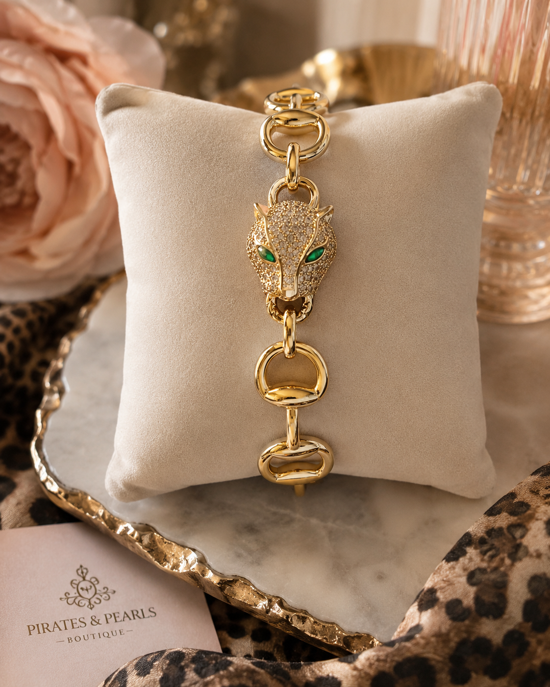 Emerald Eye Panther Link Bracelet | 14K Gold Plated CZ Statement Bracelet