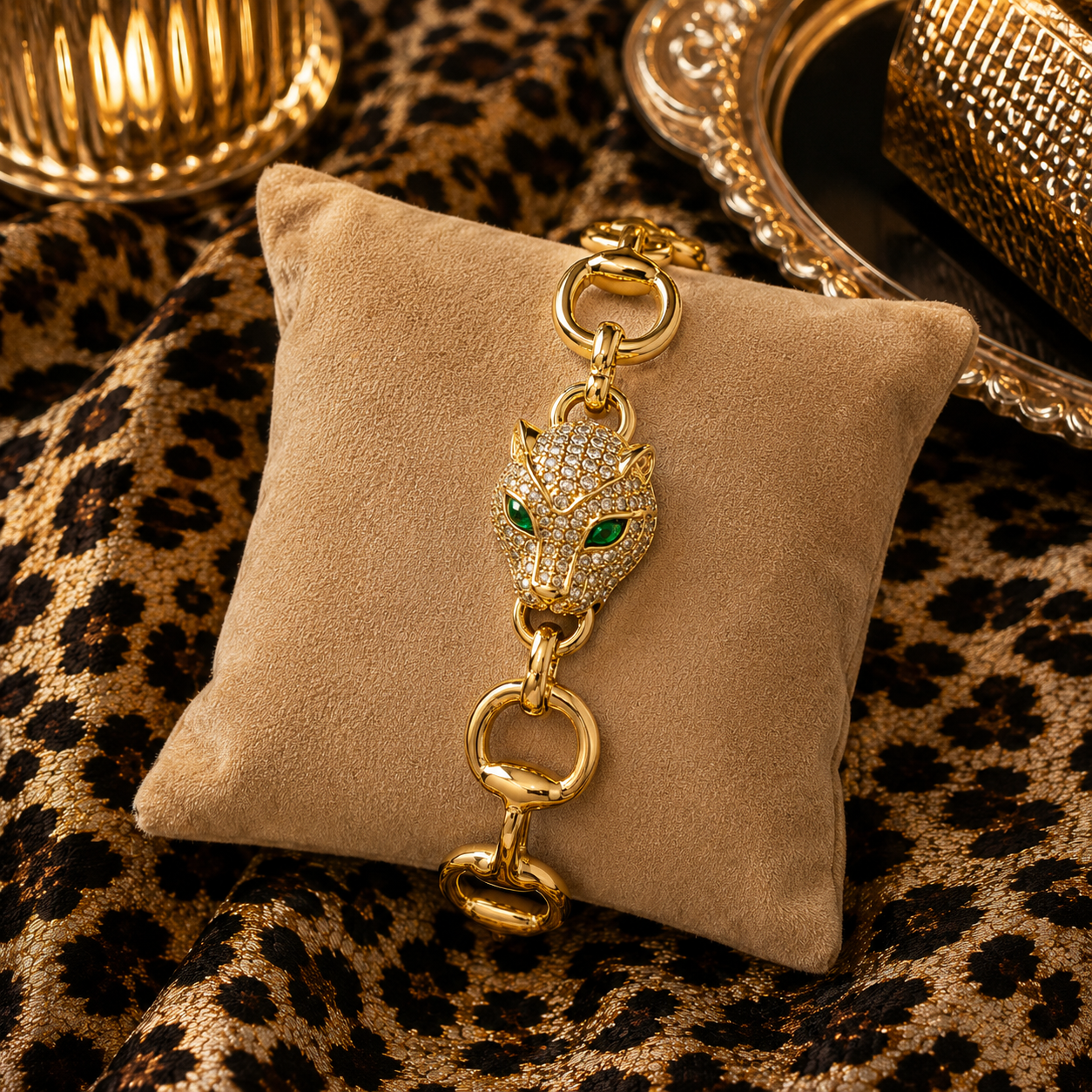 Emerald Eye Panther Link Bracelet | 14K Gold Plated CZ Statement Bracelet