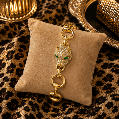 Emerald Eye Panther Link Bracelet | 14K Gold Plated CZ Statement Bracelet