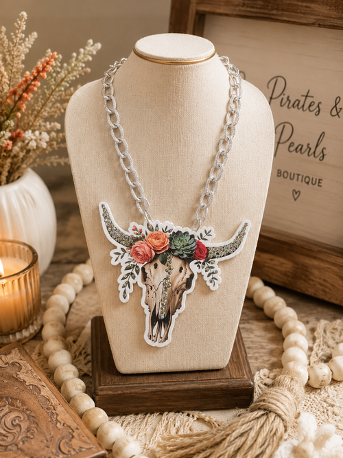Boho Bull Skull Rhinestone Statement Necklace