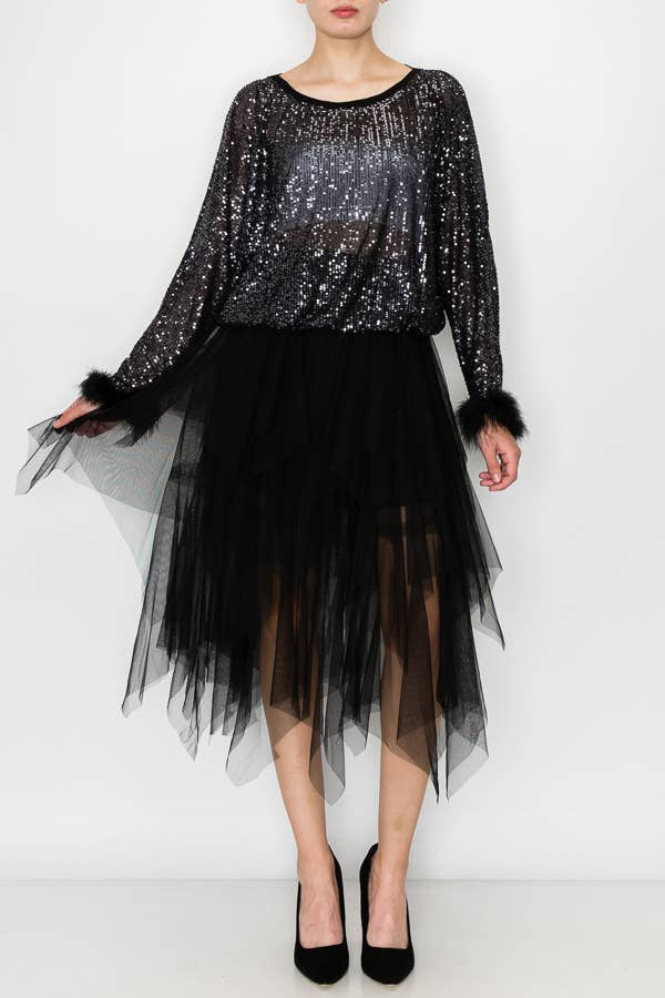 Origami - Black Sequin Top with Faux Feather Trimmed Sleeve