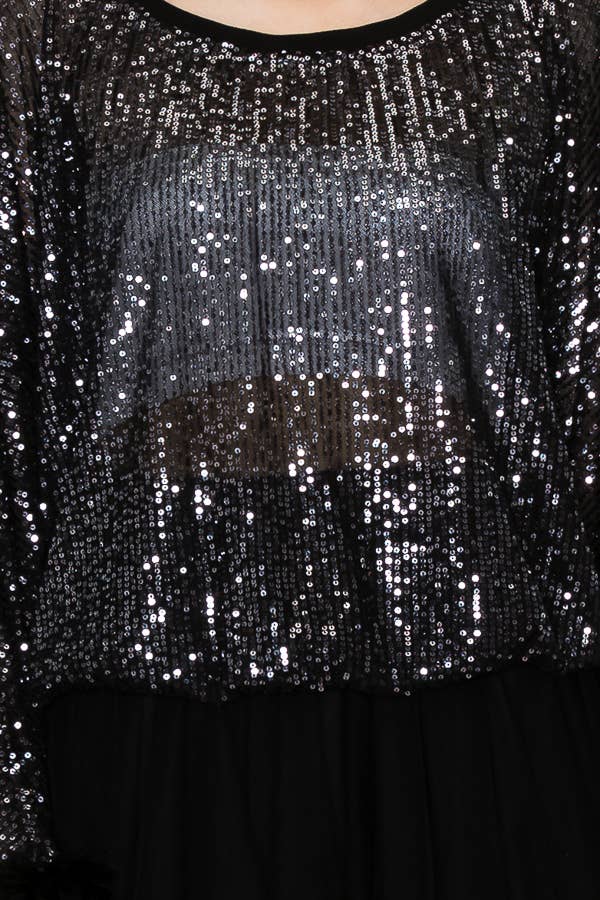 Origami - Black Sequin Top with Faux Feather Trimmed Sleeve