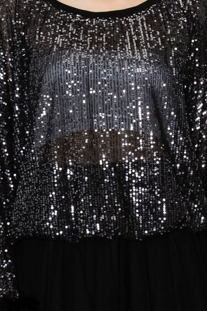 Origami - Black Sequin Top with Faux Feather Trimmed Sleeve