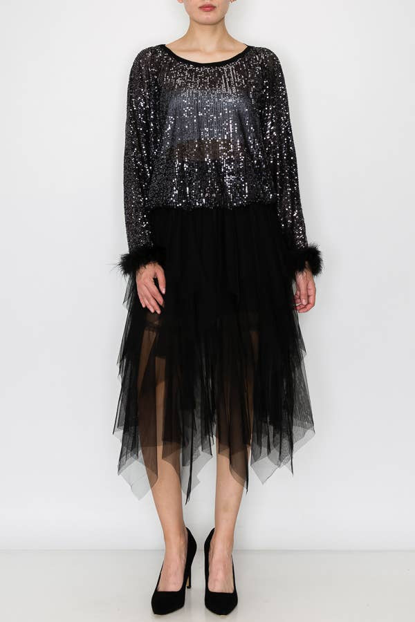 Origami - Black Sequin Top with Faux Feather Trimmed Sleeve