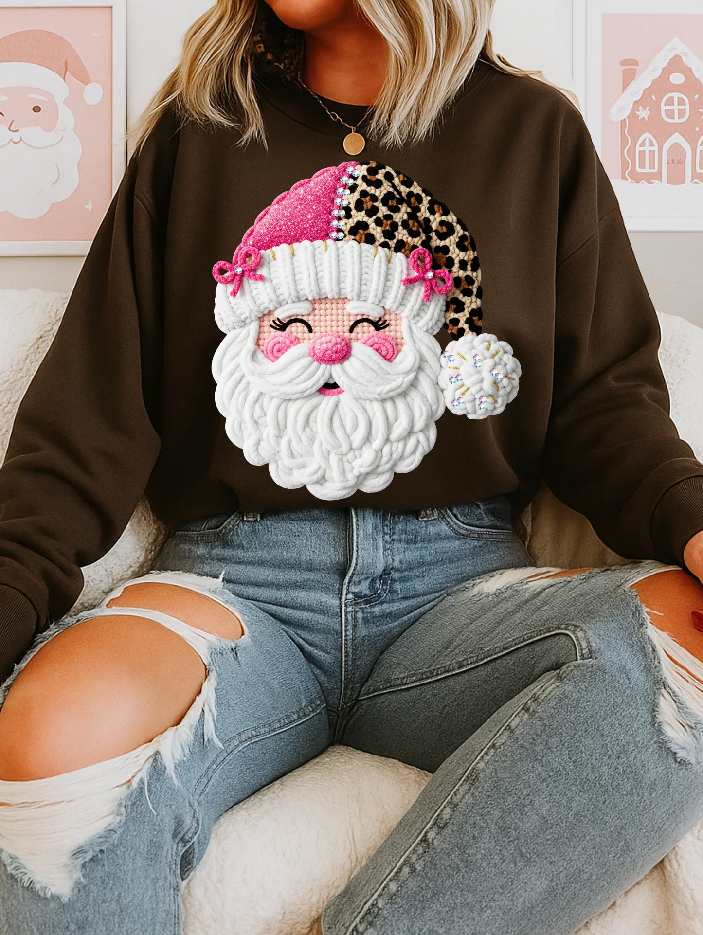 Leopard Faux Yarn Santa Crewneck