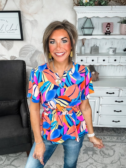 I Will Stay True Blouse - Royal Blue & Coral