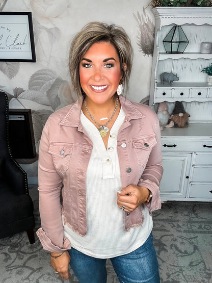 Make Me Happy Fray Hem Color Jean Jacket - Mauve