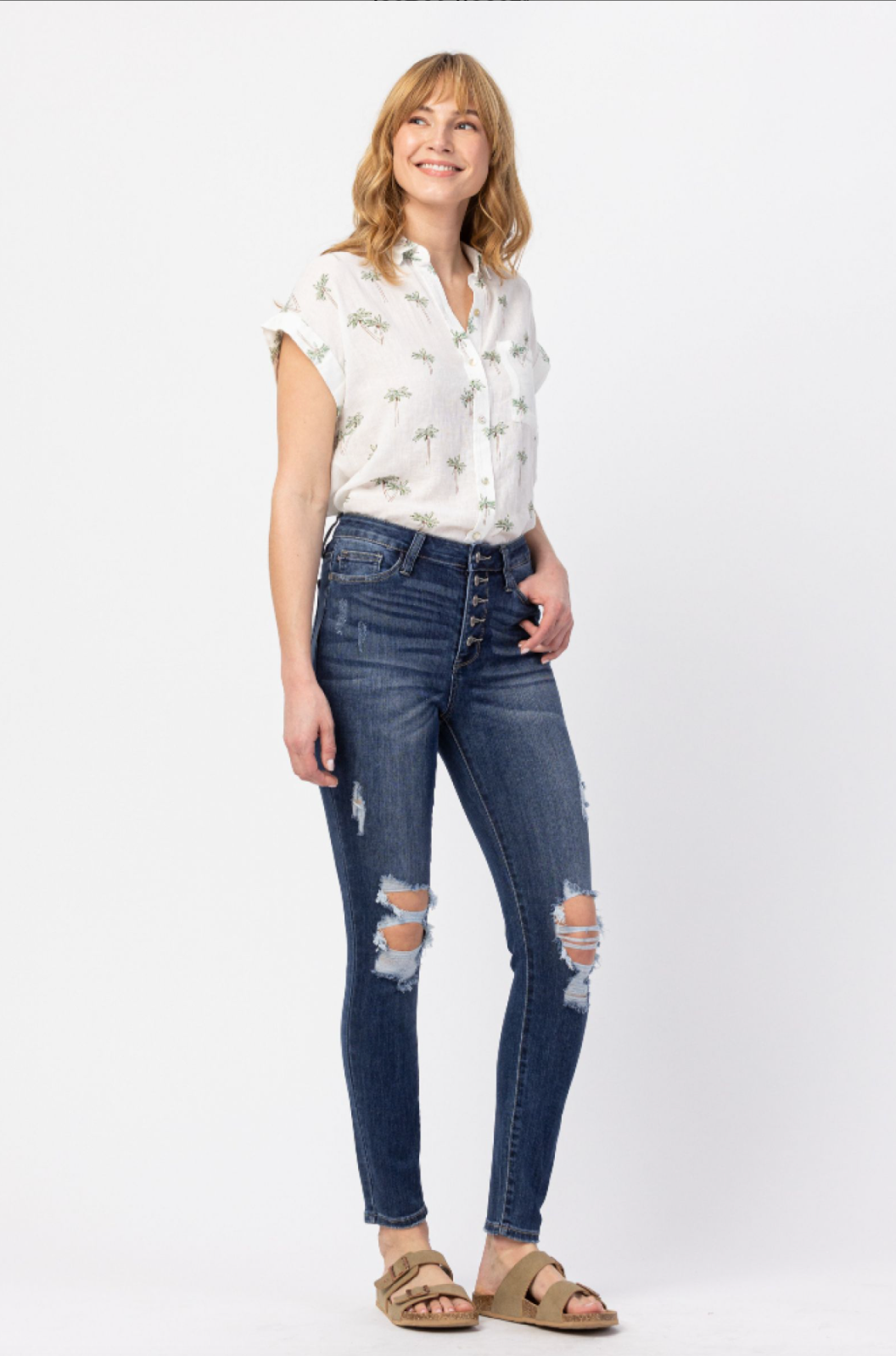 Judy Blue Button Fly Destroyed Skinny Jeans