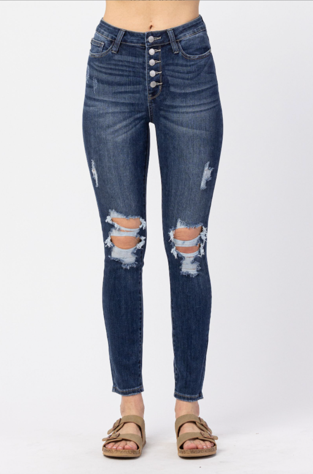 Judy Blue Button Fly Destroyed Skinny Jeans