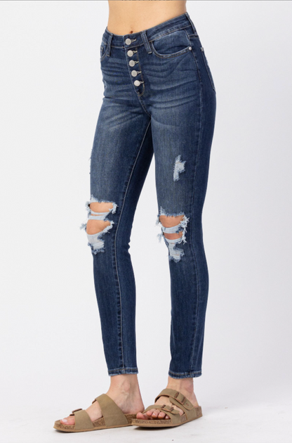 Judy Blue Button Fly Destroyed Skinny Jeans