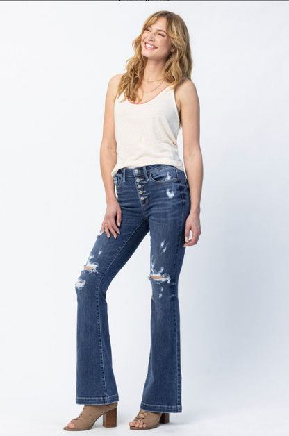 Judy Blue Destroyed Button Fly Trouser Flare
