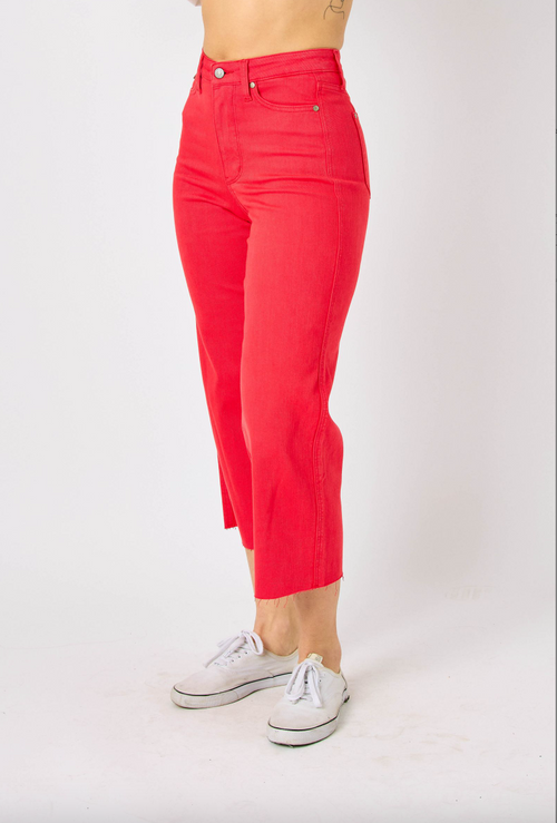Judy Blue Tummy Control Wide Leg Crop - Red