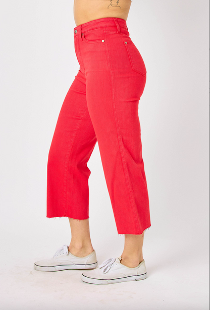 Judy Blue Tummy Control Wide Leg Crop - Red
