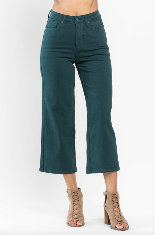 Judy Blue Tummy Control Wide Leg Crop - Teal