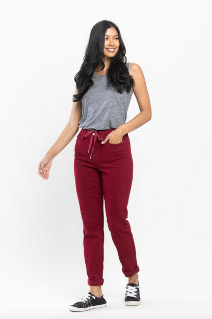 Judy Blue Pull-On Double Cuff Joggers - Scarlet