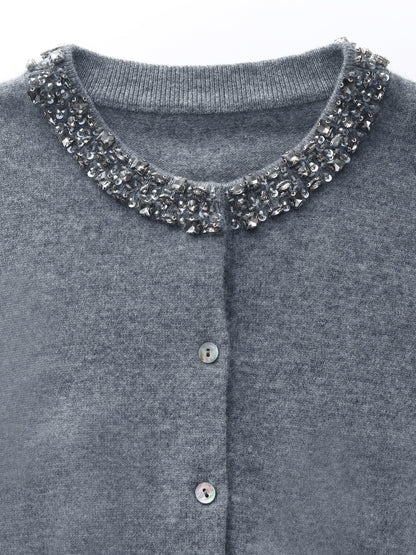 100% Wool Beaded Round Neck Women Cardigan