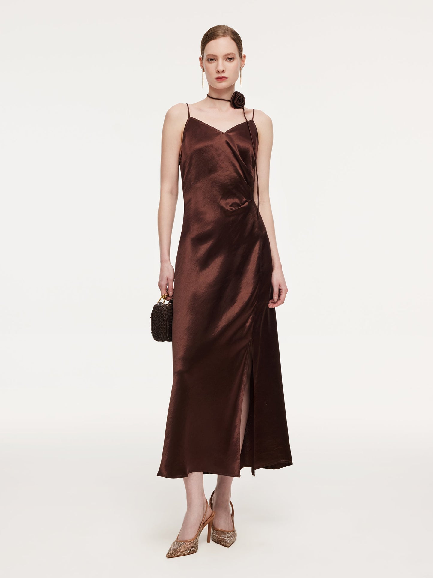100% Acetate Women Strap Maxi Dress With Floral Choker And Eye Mask