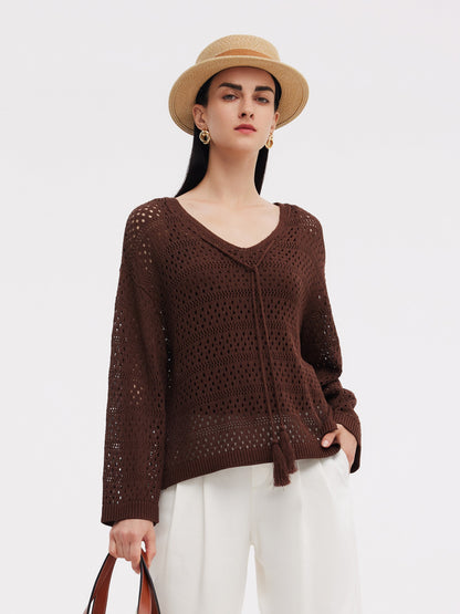 Linen Blend Openwork Pullover And Knit Tank Two-Piece Set