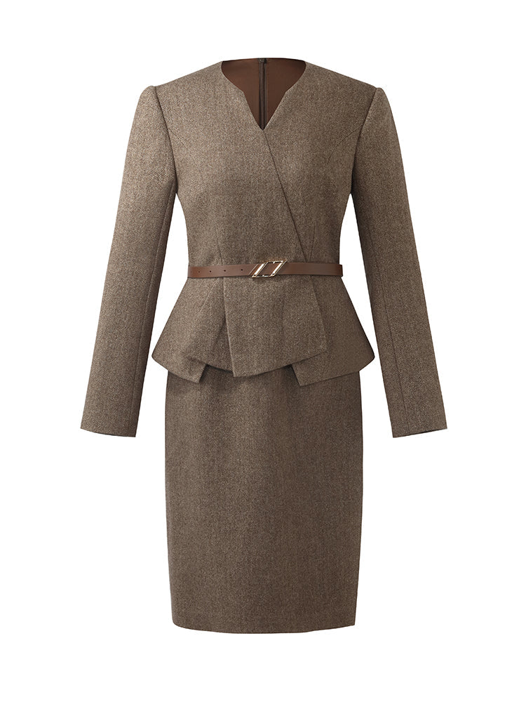 Washable Wool Faux-Layered Women Mini Dress With Belt