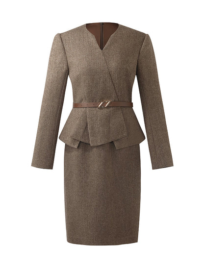 Washable Wool Faux-Layered Women Mini Dress With Belt