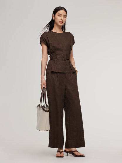 100% Linen Blouse And Pants Two-Piece Set