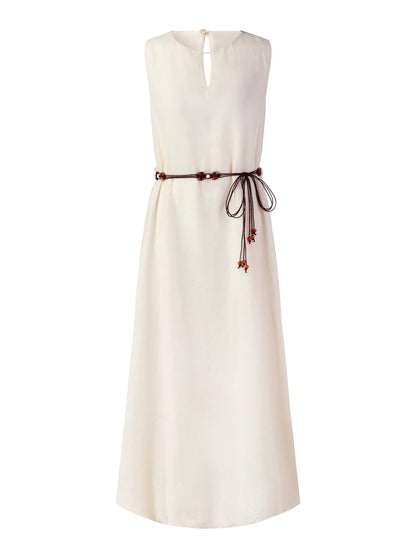 100% Ramie Bubble Hem Women Sleeveless Maxi Dress With Tie String Belt