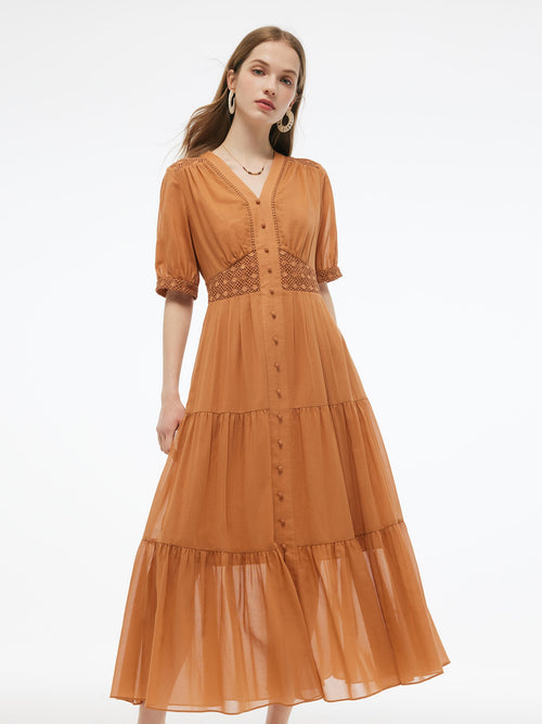 100% Cotton Patchwork Lace Embroidered Women Maxi Dress