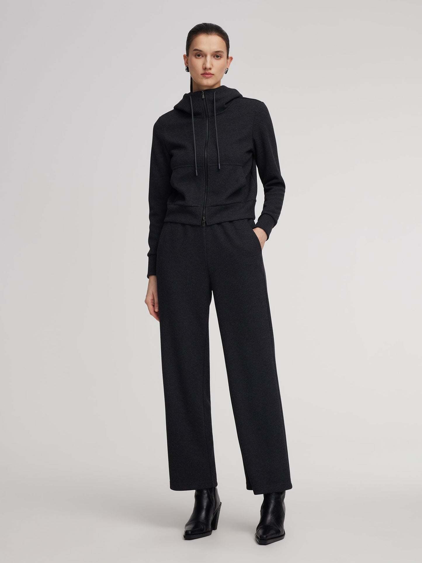 Drawstring Hooded Zip-Up Jacket And Pants Two-Piece Set