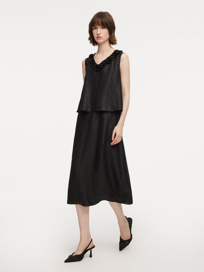 18MM Gambiered Canton Gauze Floral V-Neck Women Sleeveless Maxi Dress With Scrunchie