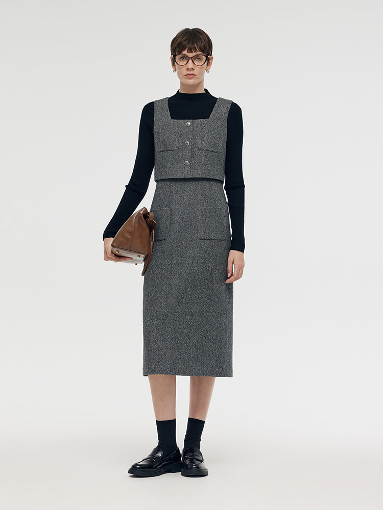 Washable Wool Vest Midi Dress And Knit Top Two-Piece Set