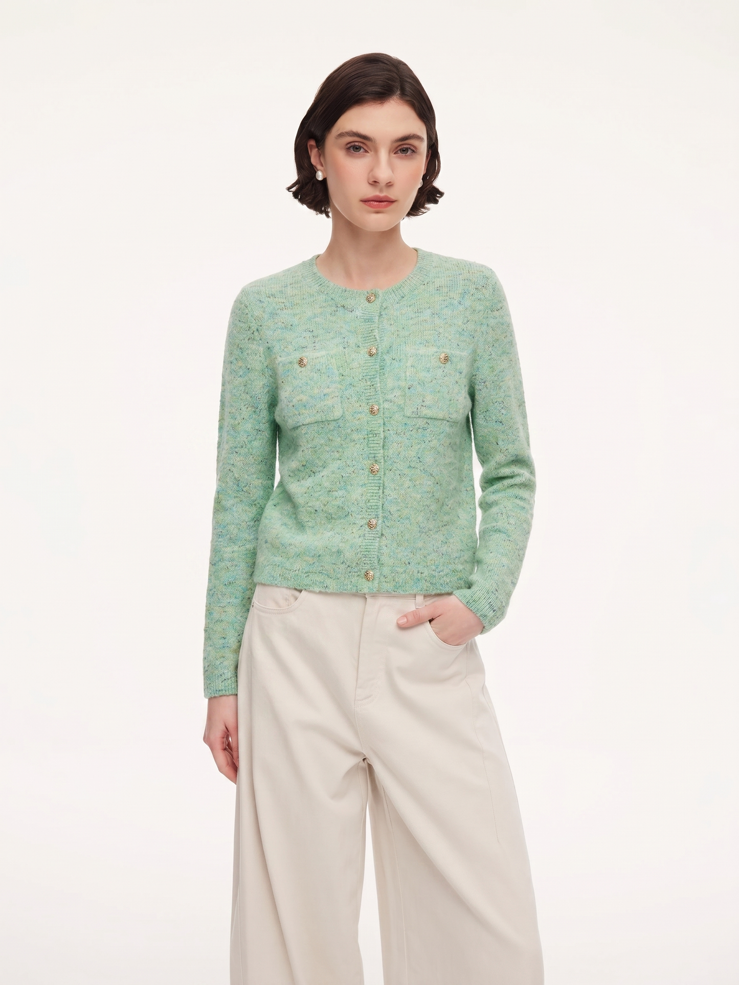 Melange Green Single Breasted Women Cardigan