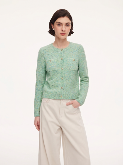 Melange Green Single Breasted Women Cardigan