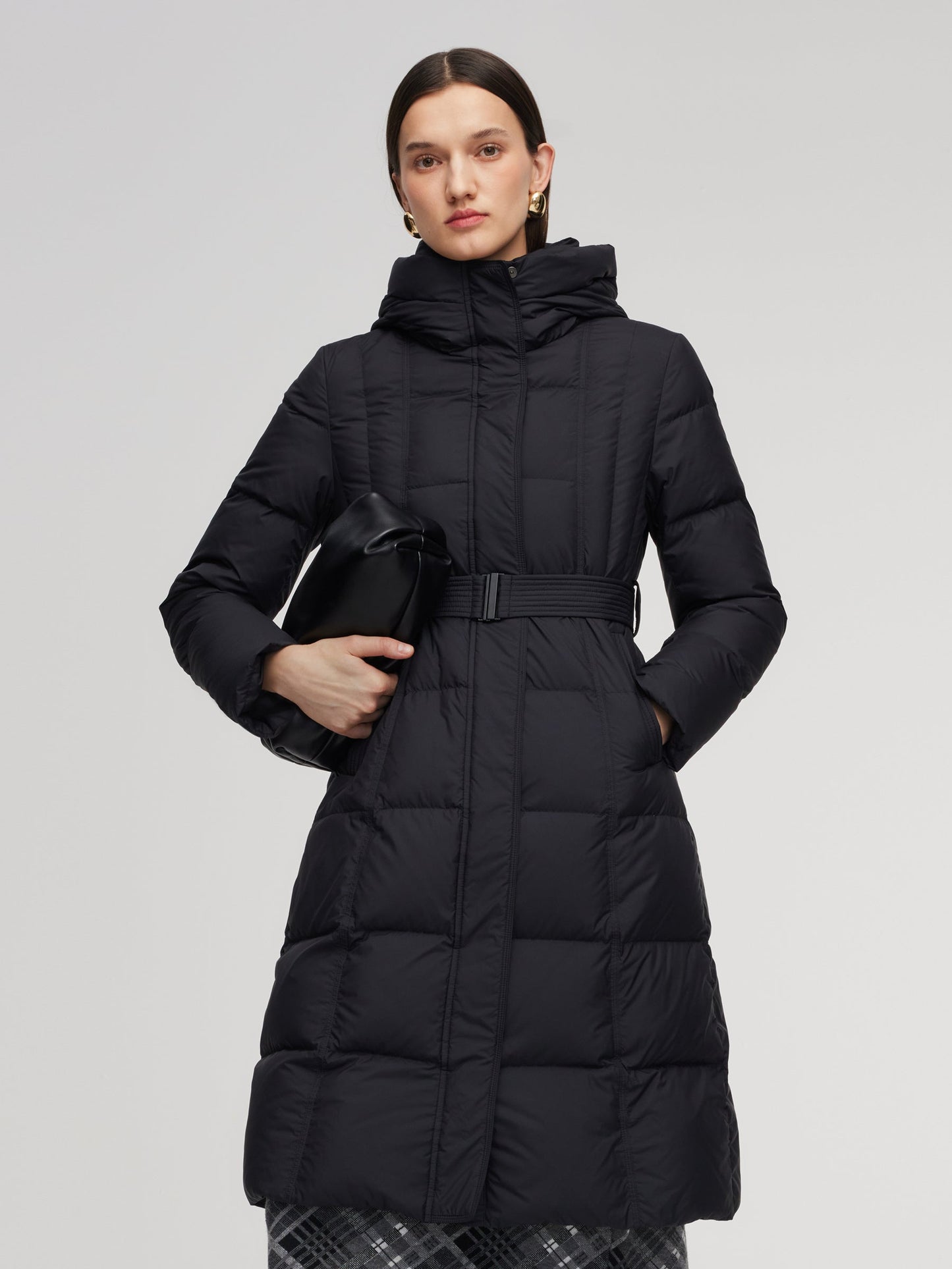 Windproof Hooded Goose Down Coat With Belt