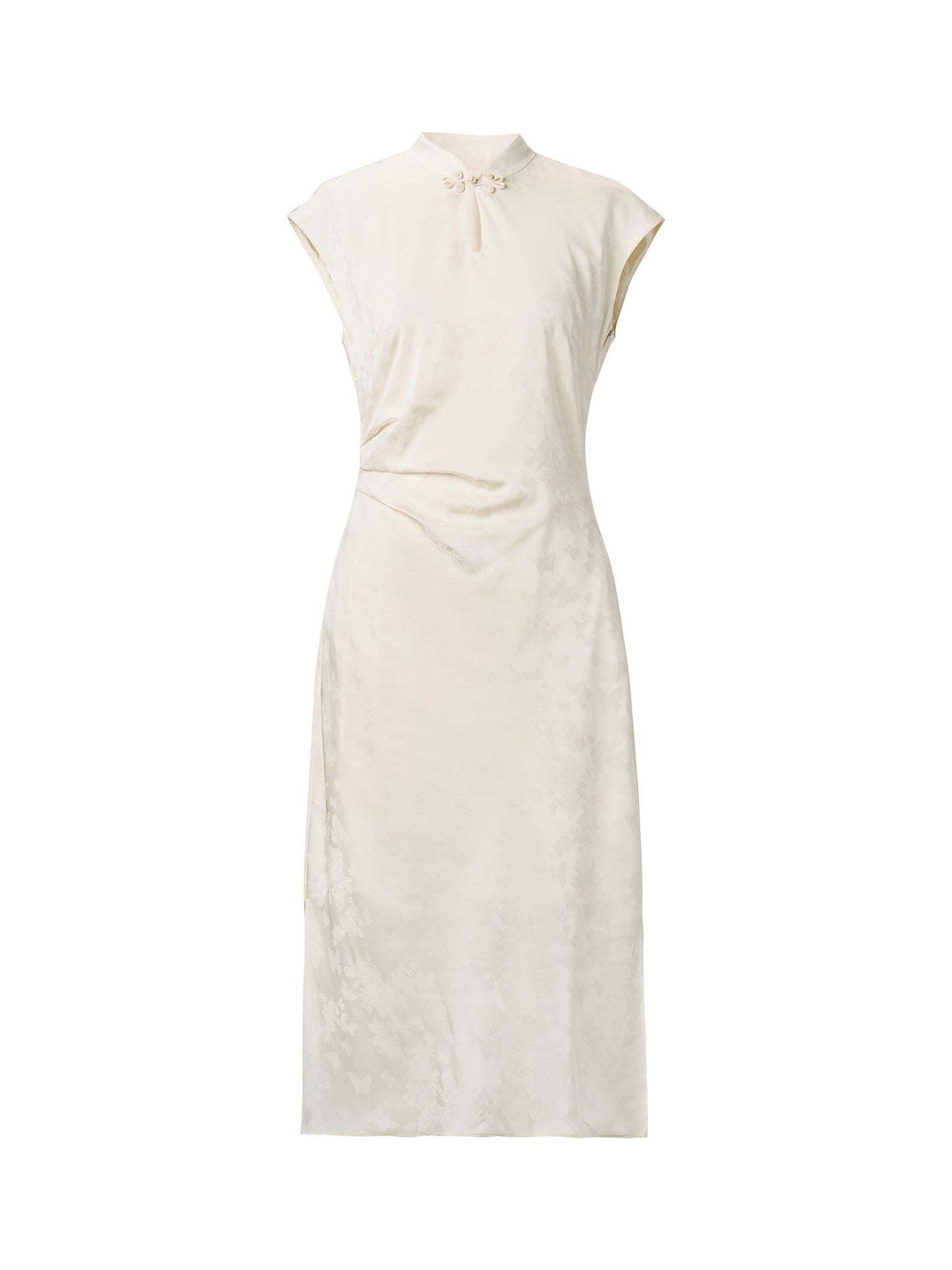 Jacquard Ruched Waist Women Qipao Maxi Dress