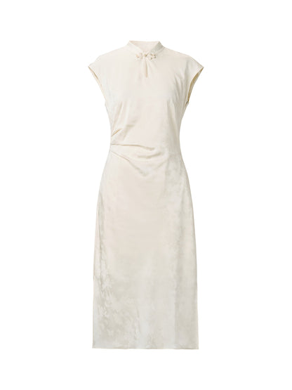 Jacquard Ruched Waist Women Qipao Maxi Dress
