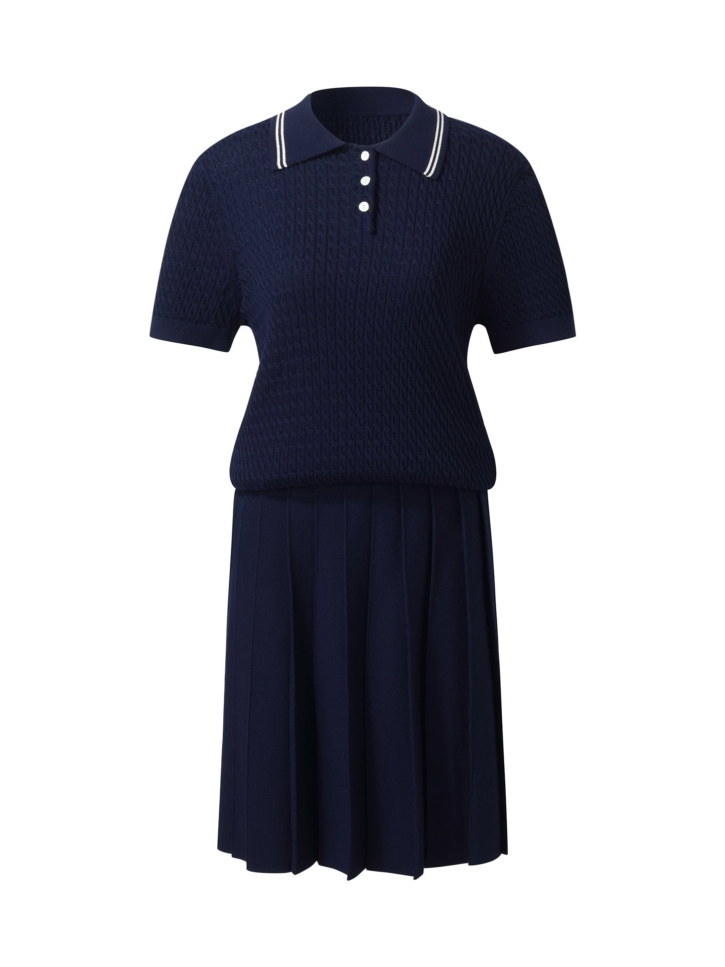 Lyocell Blend Polo Knit Top And Pleated Skirt Two-Piece Set