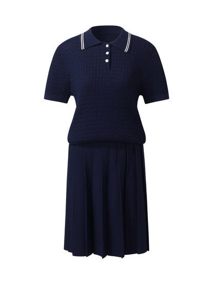 Lyocell Blend Polo Knit Top And Pleated Skirt Two-Piece Set