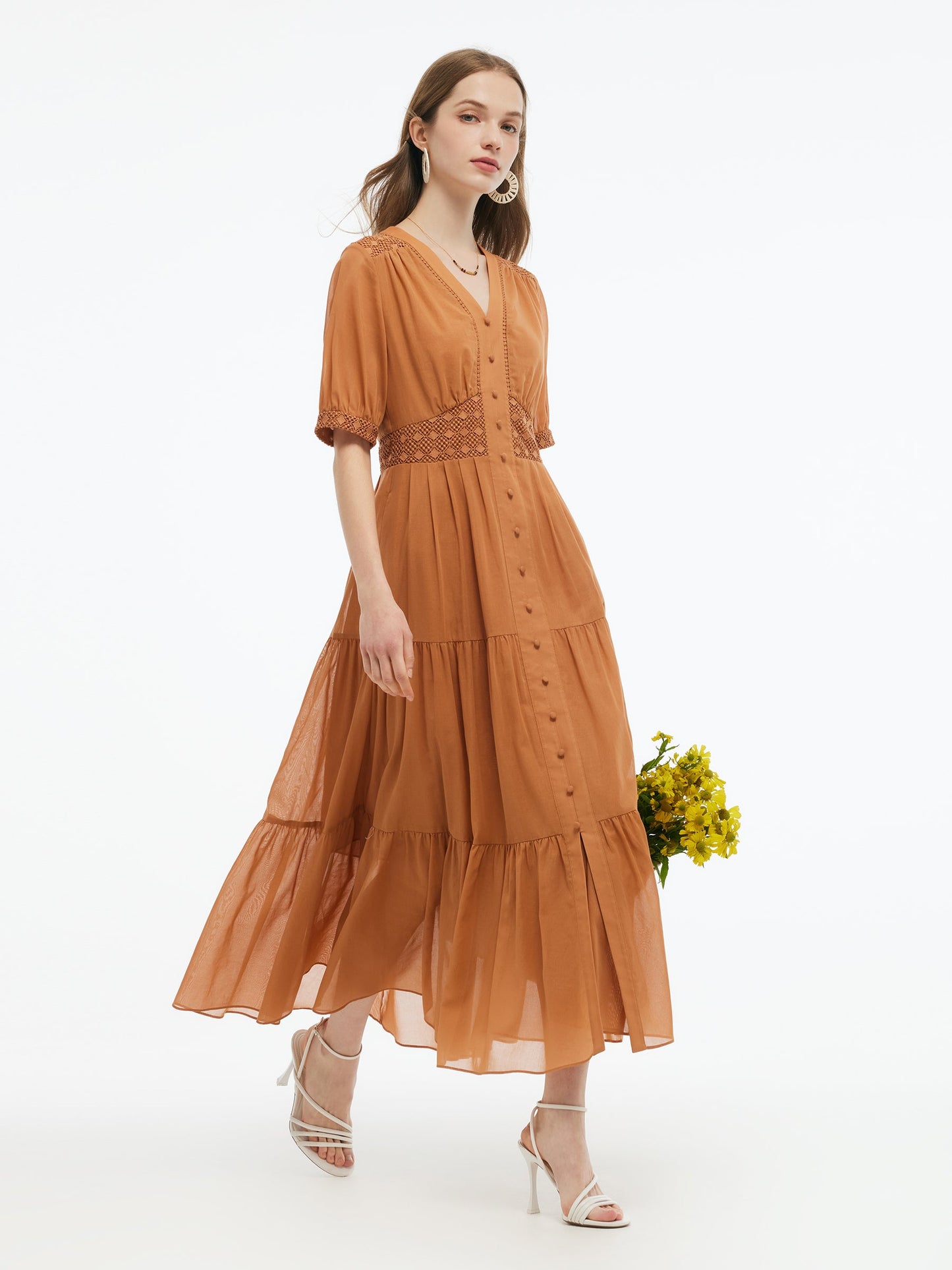 100% Cotton Patchwork Lace Embroidered Women Maxi Dress