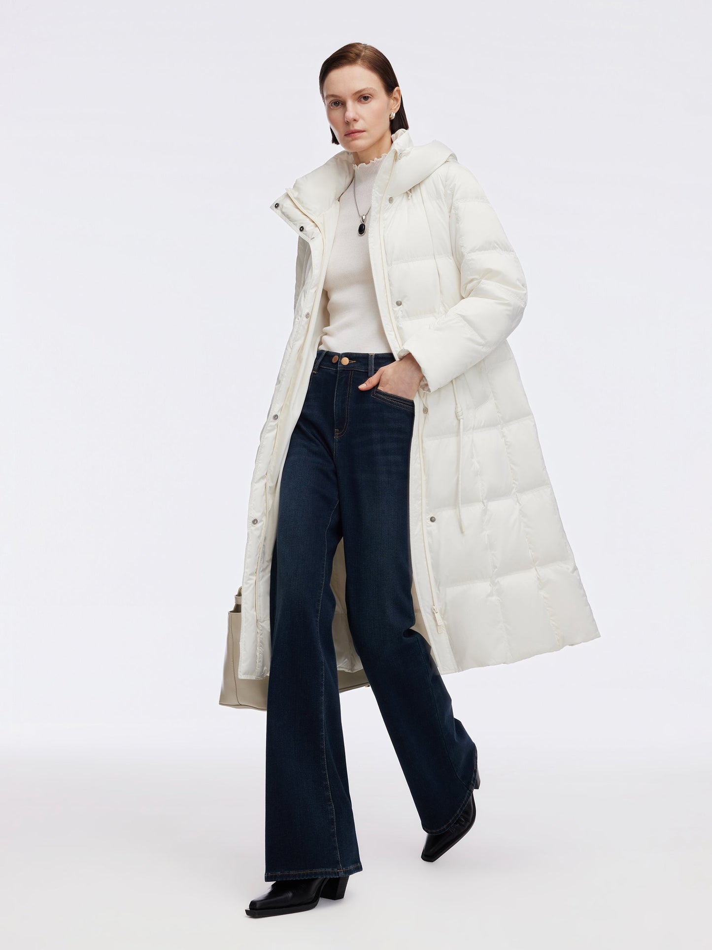 Drawstring Adjustable Waist Hooded Long Goose Down Coat