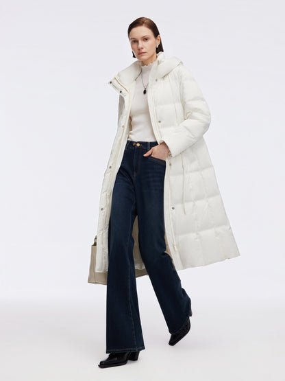 Drawstring Adjustable Waist Hooded Long Goose Down Coat
