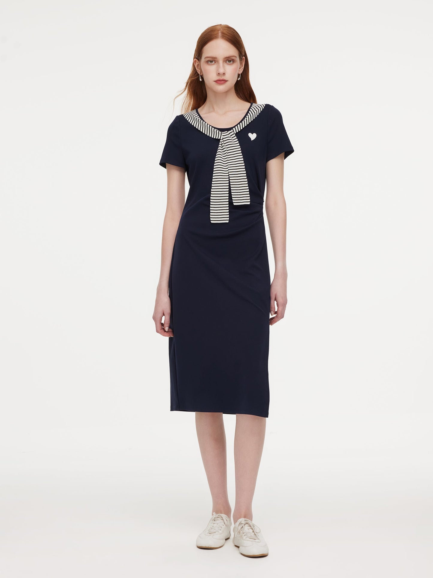 Stripe Scarf Neck Women Slit Knit Midi Dress
