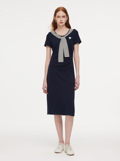 Stripe Scarf Neck Women Slit Knit Midi Dress