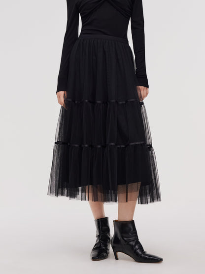 Mesh Tiered Women Elastic Waist Skirt