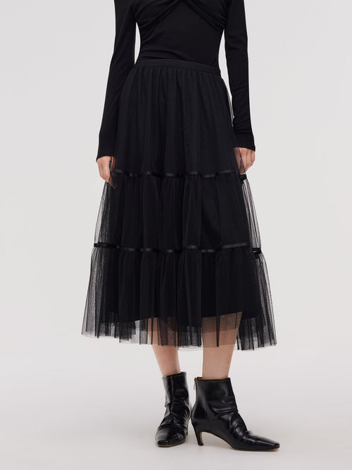 Mesh Tiered Women Elastic Waist Skirt