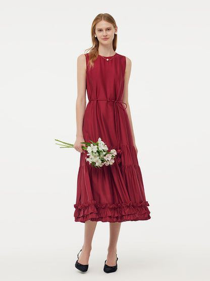 Tencel Ruffle Hem Women Tiered Vest Midi Dress With Slip Dress And Belt